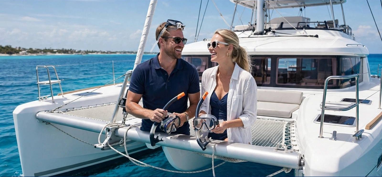 Pareja con equipo de snorkel en un catamarán durante un tour privado en Isla Mujeres